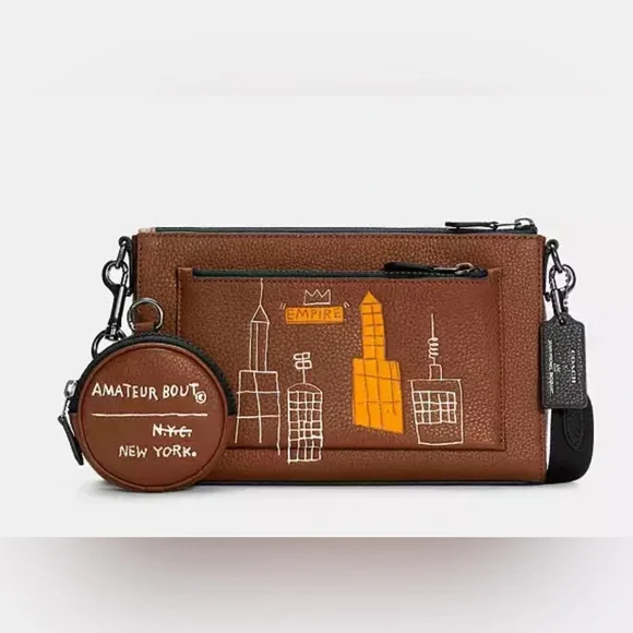 Coach X Jean Michel Basquiat Holden Brown Leather Crossbody Bag - Picture 1 of 9